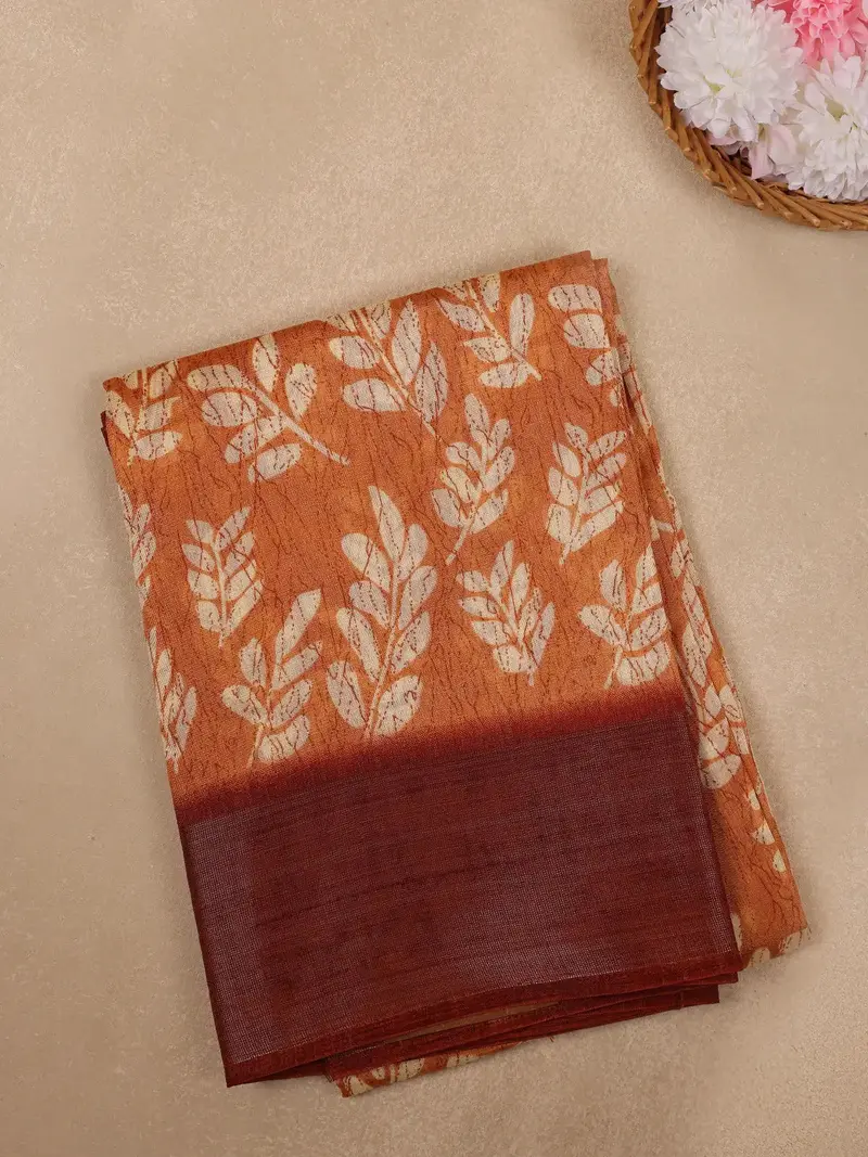 Orange Leaf Printed Fancy Cotton Saree 1