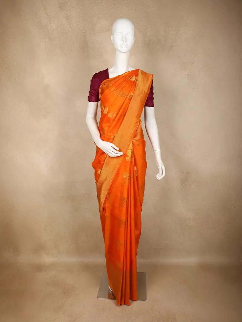 Orange Lotus Butta Zari Woven Kanchipuram Silk Saree 1