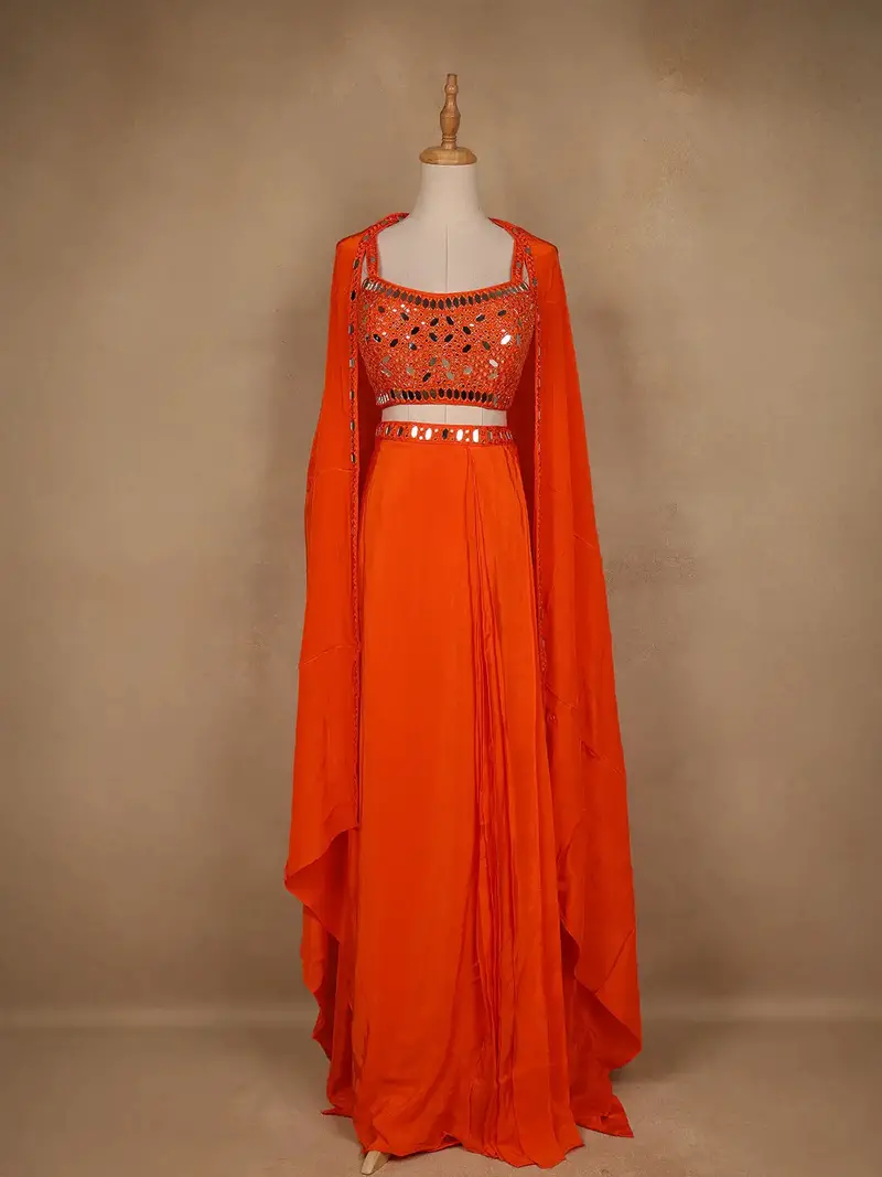 Orange Mirror Embroidered Satin Skirt Top With Jacket 1