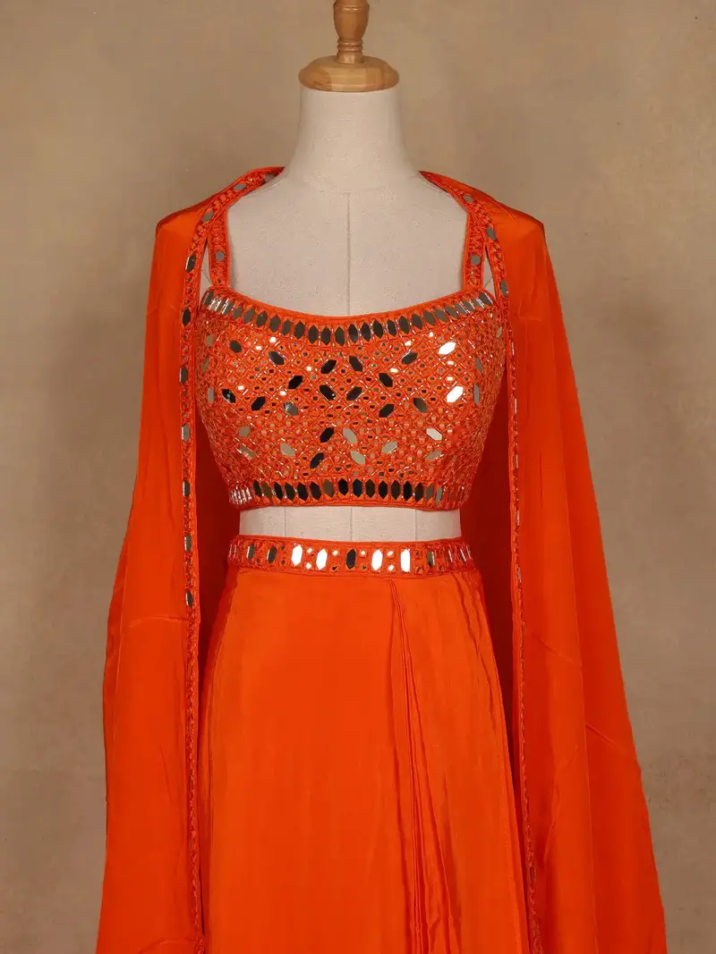 Orange Mirror Embroidered Satin Skirt Top With Jacket 2