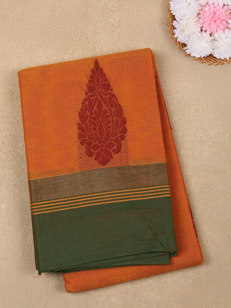 Orange Motif Woven Design Cotton Saree With Contrast Border 1