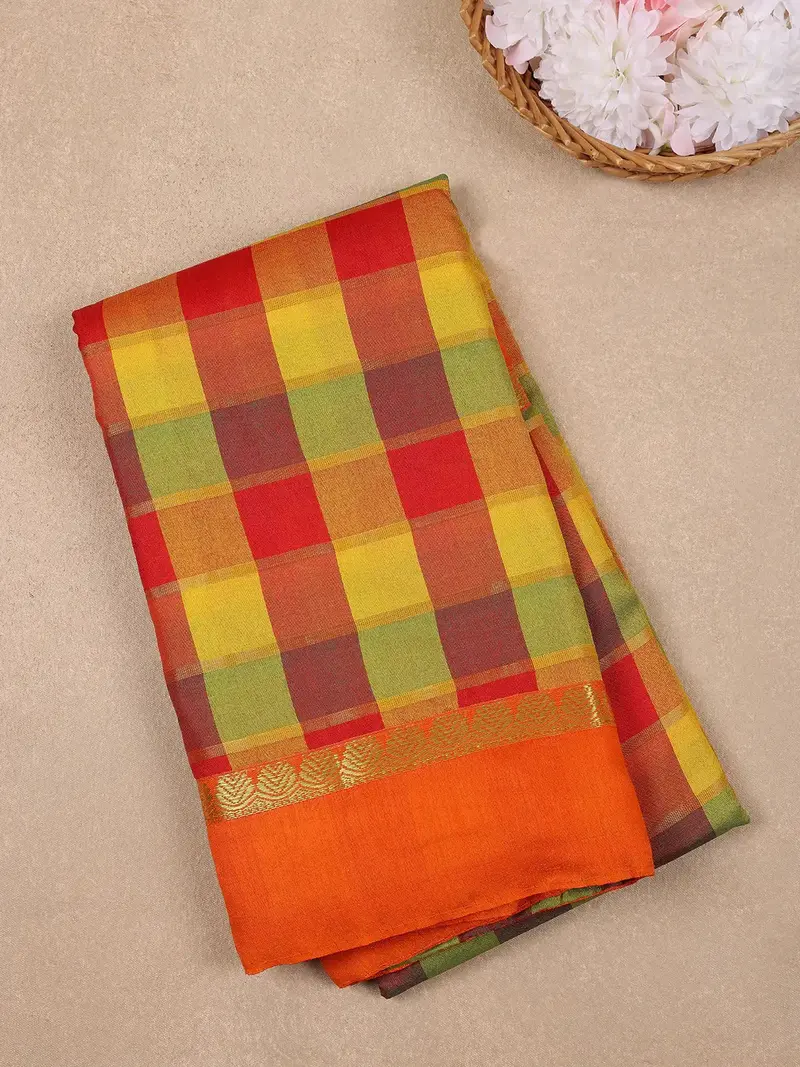 Orange Multicolor Checked Design Woven Semi Silk Fancy Saree 1