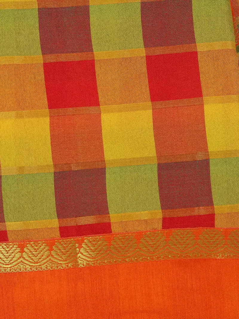 Orange Multicolor Checked Design Woven Semi Silk Fancy Saree 2