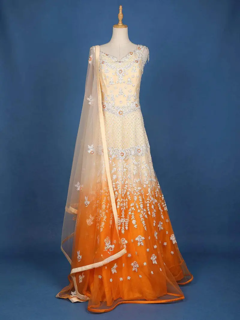 Orange Net Ombre Gown With Floral Threadwork Embroidery 1