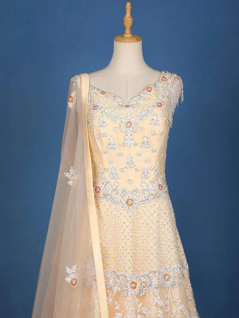 Orange Net Ombre Gown With Floral Threadwork Embroidery 2