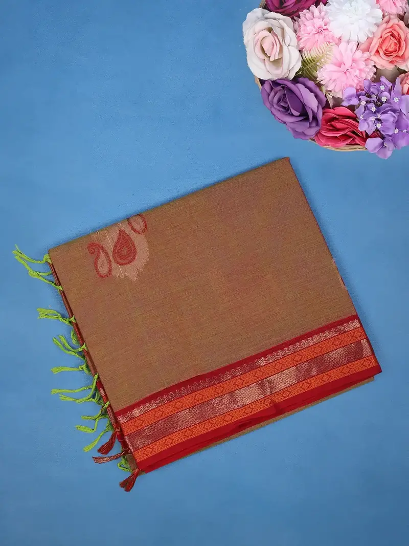 Orange Paisley Design Cotton Saree With Red Zari Border 1