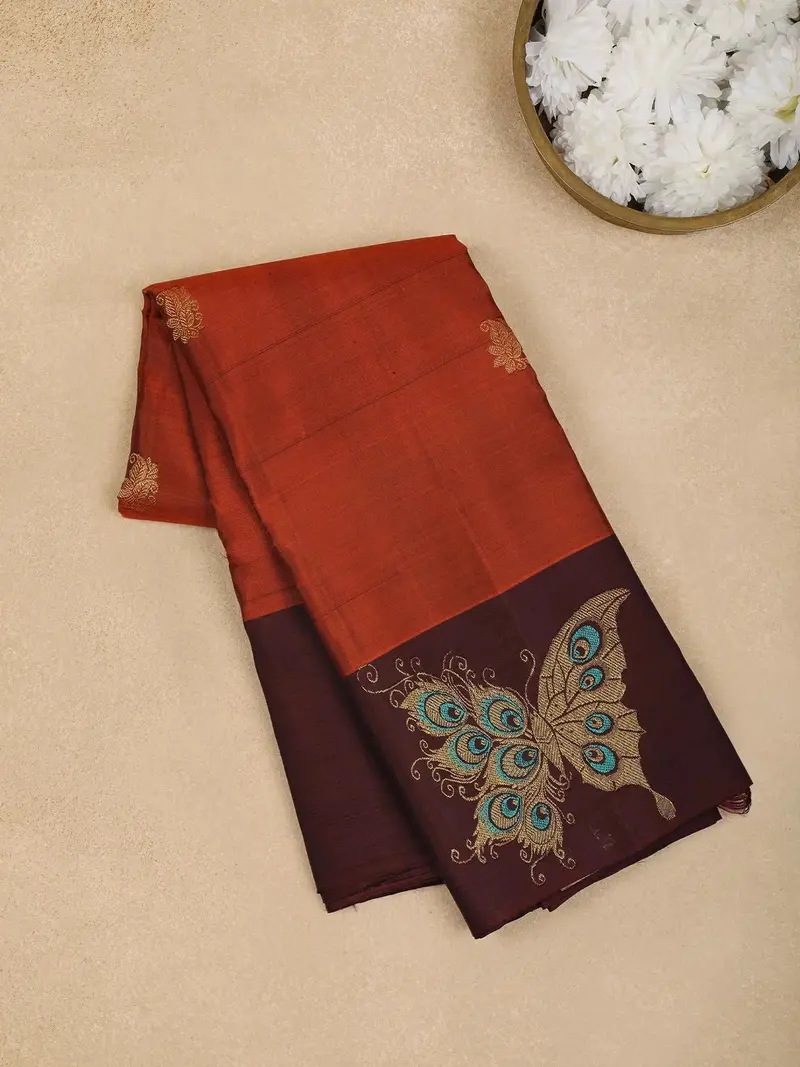 Orange Paisley Motifs Pure Kanchipuram Silk Saree 1