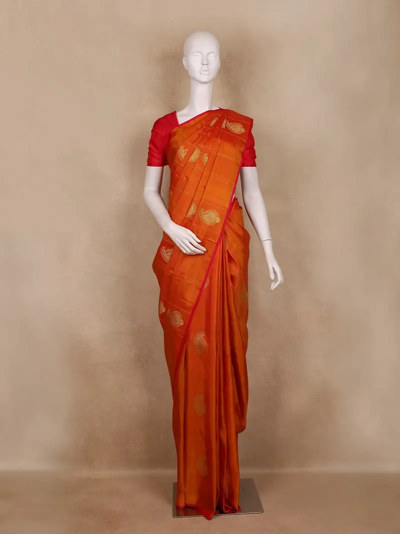 Orange Paisley Woven Design Kanchipuram Silk Saree 1