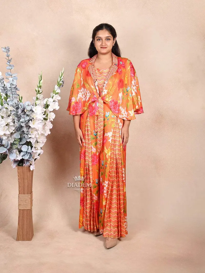 Orange Palazzo Suit Paired With Floral Prints And Embroidery Overcoat 1