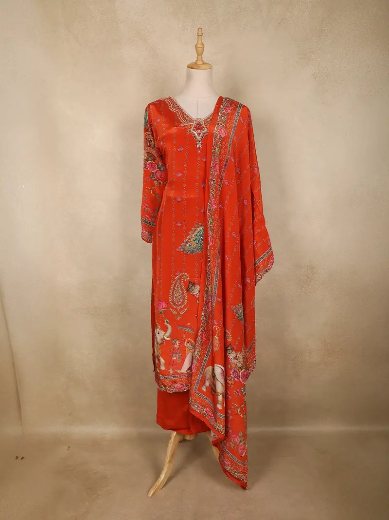 Orange Peacock Printed Design Cotton Straight Cut Salwar Suit With Dupatta 1