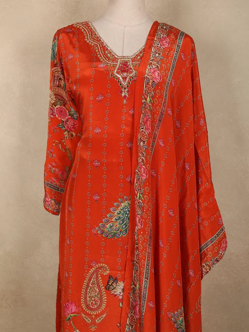 Orange Peacock Printed Design Cotton Straight Cut Salwar Suit With Dupatta 2