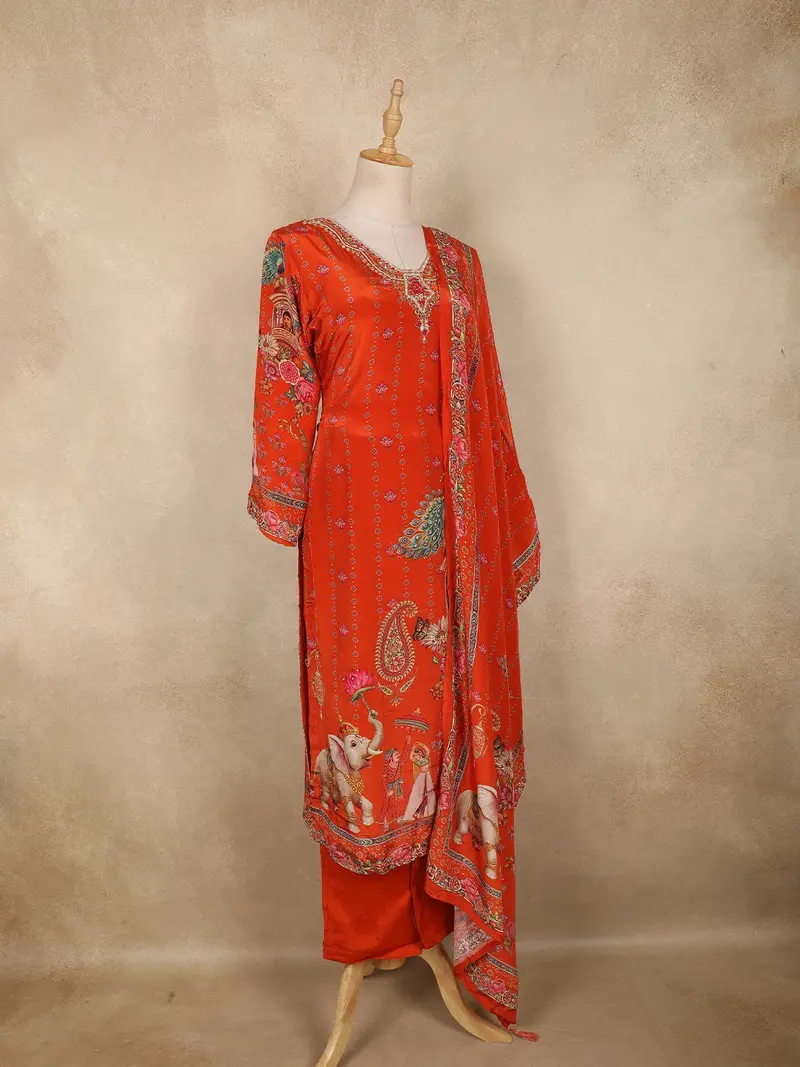 Orange Peacock Printed Design Cotton Straight Cut Salwar Suit With Dupatta 3