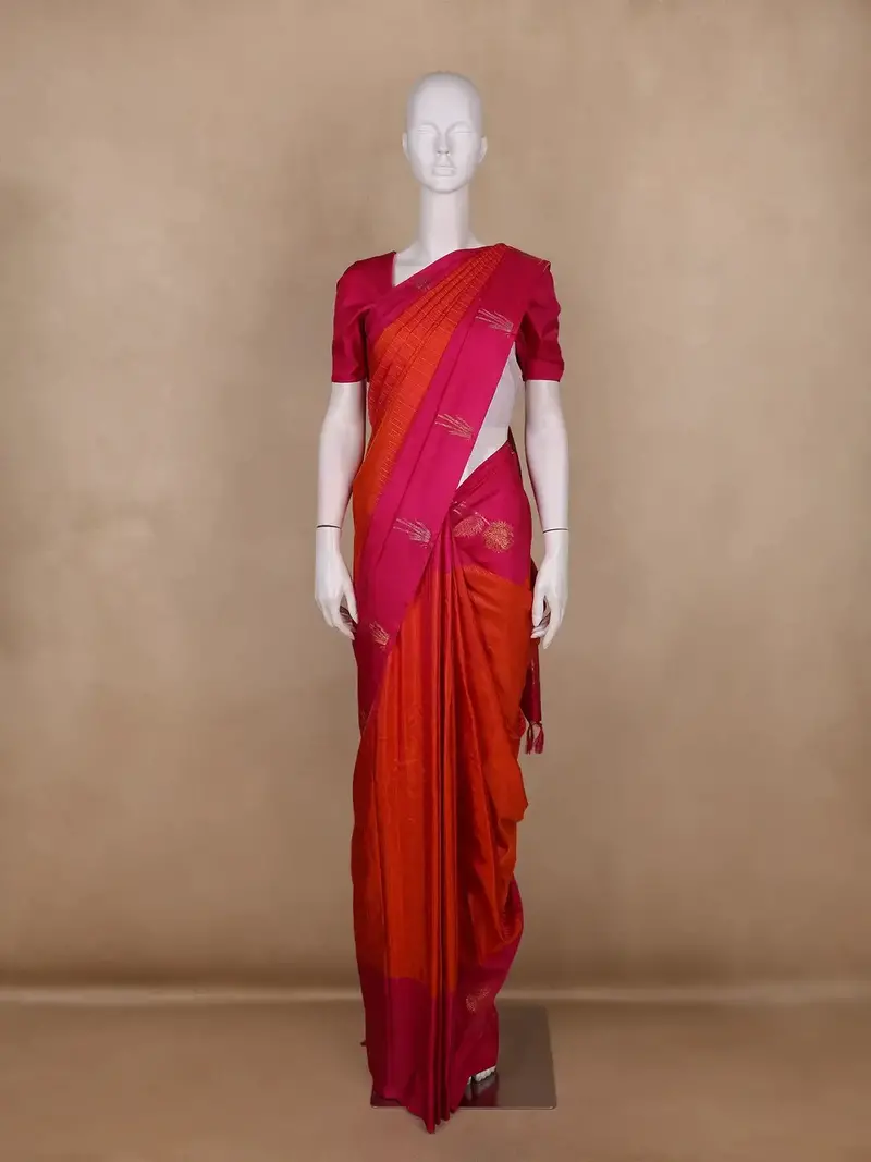 Orange & Pink Floral Butta Design Pure Kanchipuram Silk Saree 1