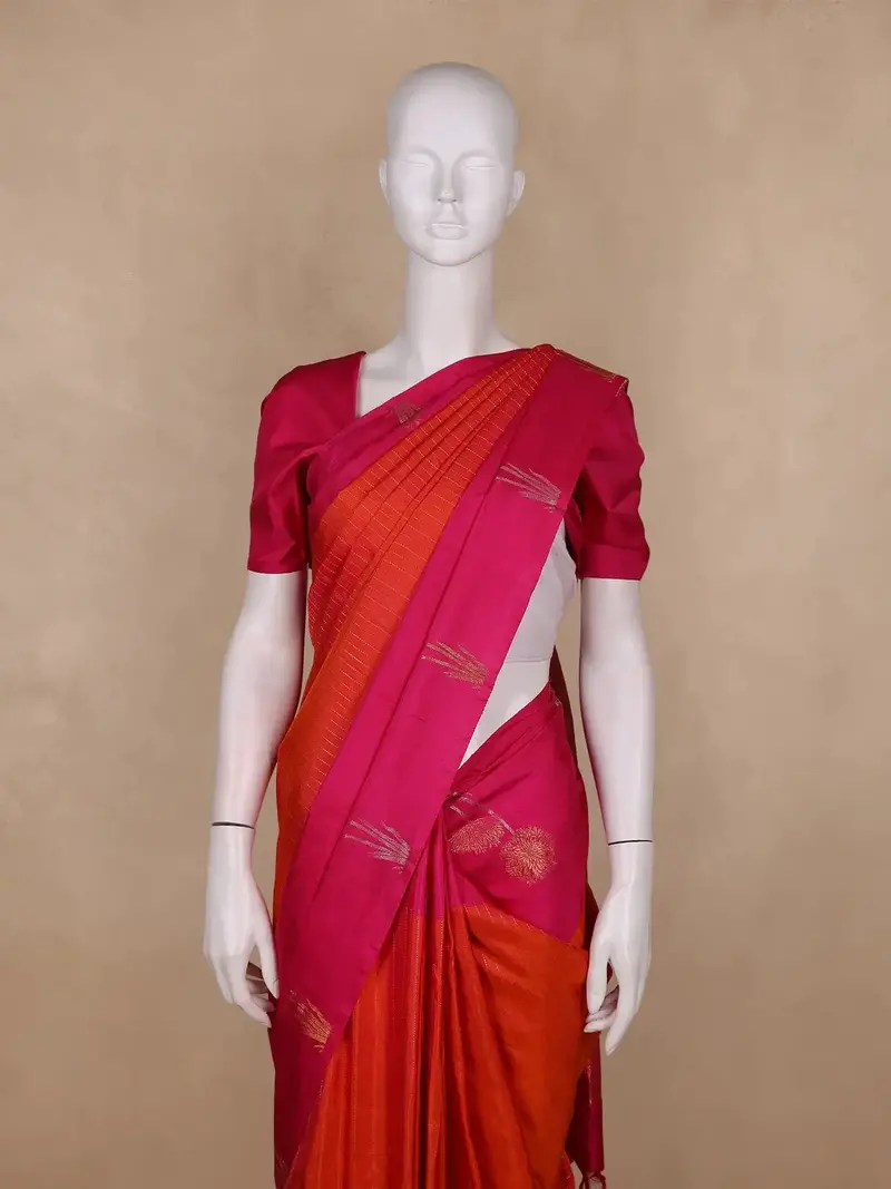 Orange & Pink Floral Butta Design Pure Kanchipuram Silk Saree 2