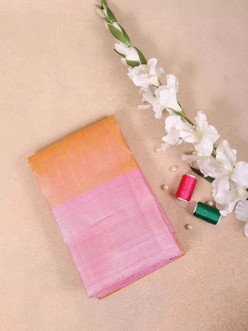 Orange Pure Kanchipuram Bridal Silk Saree With Leaf Motif On The Body With Zari Border 1