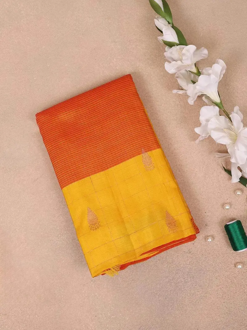 Orange Pure Kanchipuram Bridal Silk Saree With Small Checked Design On The Body With Zari Border 1