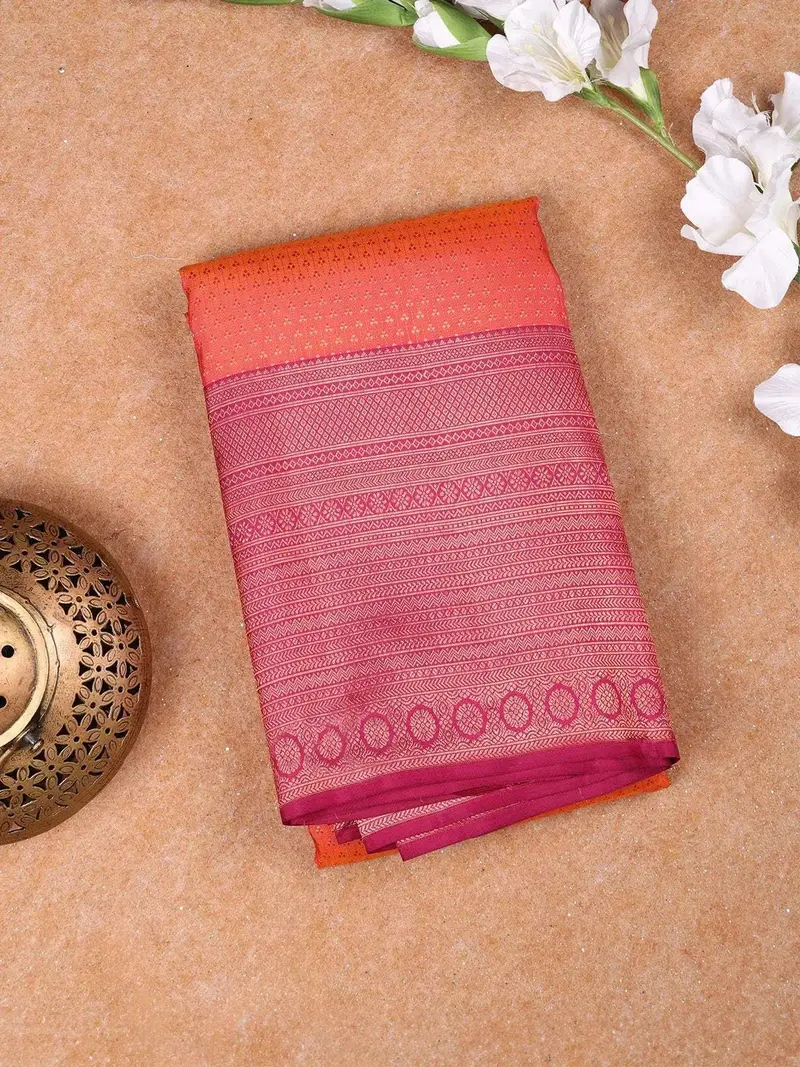 Orange Pure Kanchipuram Silk Saree With Floral Design On The Body With Zari Border 1