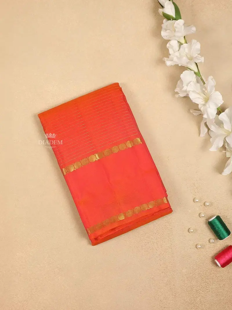 Orange Pure Kanchipuram Silk Saree With Stripes Design On The Body And Without Border 1