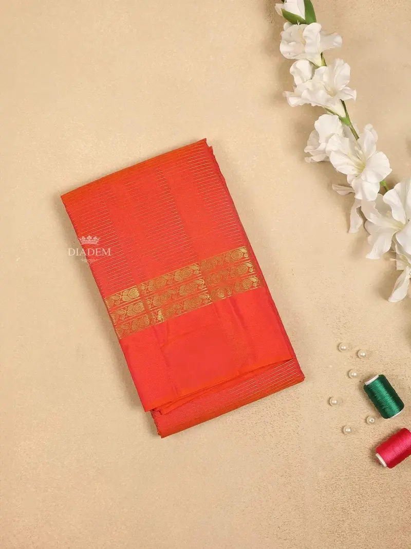Orange Pure Kanchipuram Silk Saree With Stripes Design On The Body And Without Border 1
