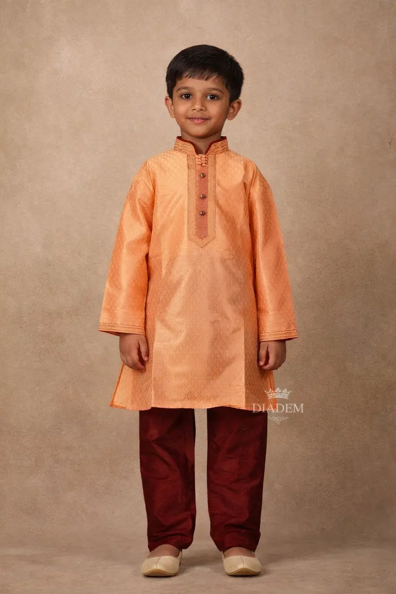 Orange Raw Silk Kurta Set With Contrast Maroon Pant 1