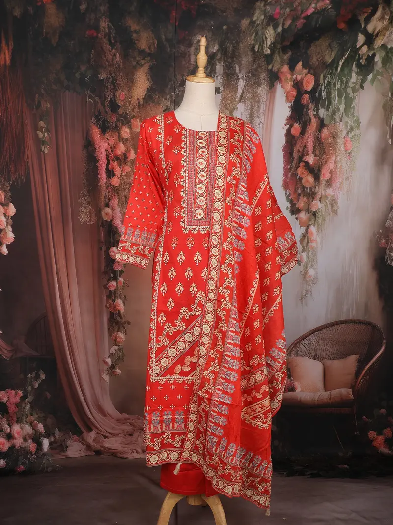 Orange Red Floral Printed Cotton Salwar Suit With Dupatta 1