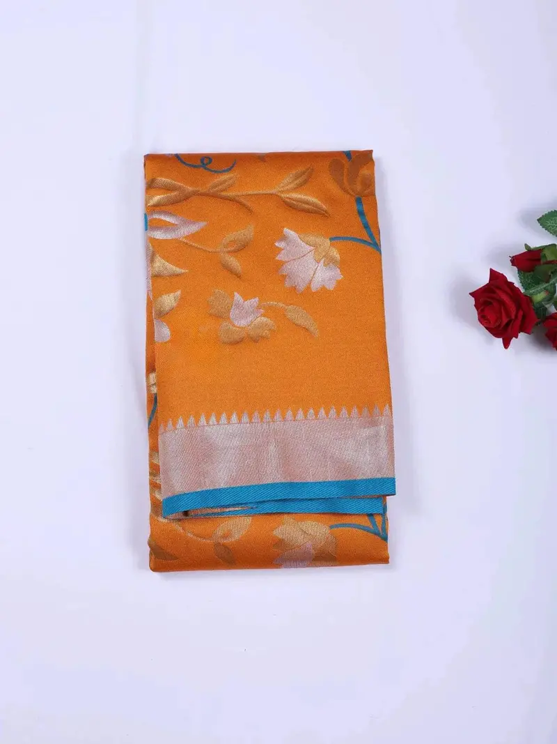Orange Semi Banarasi Saree With Floral Motif On The Body And Zari Border 1