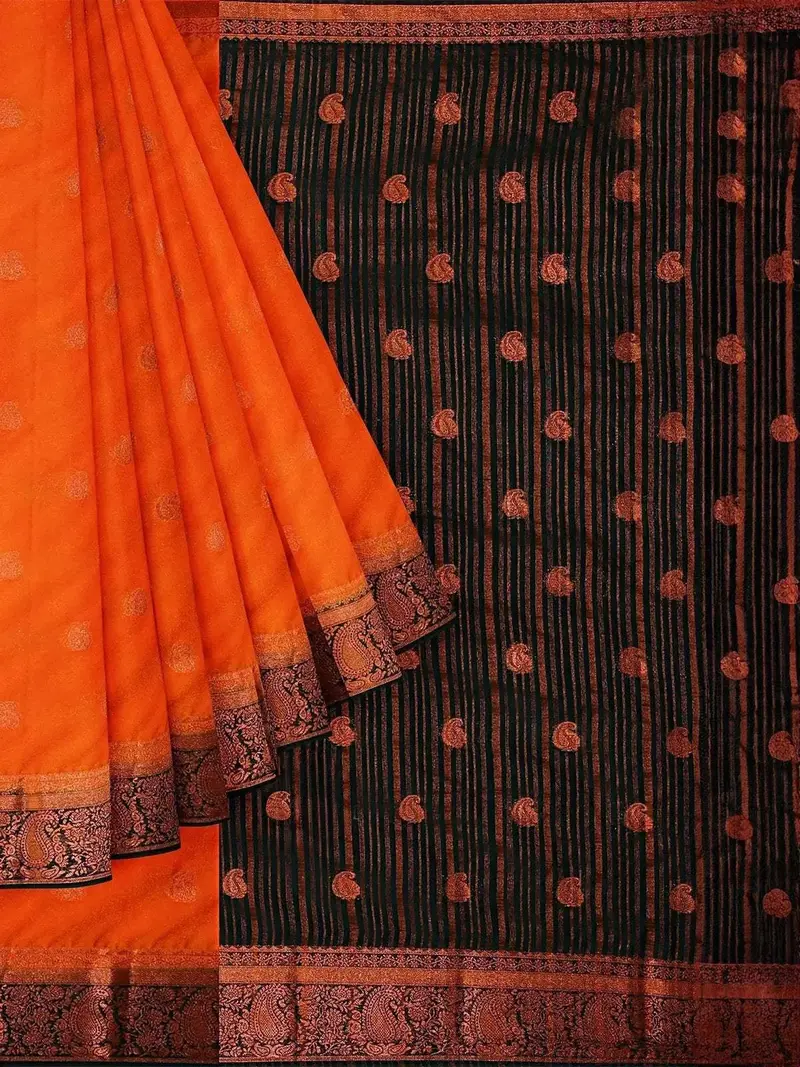 Orange Semi Silk Saree With Paisley Motif On The Body And Contrast Zari Border 1