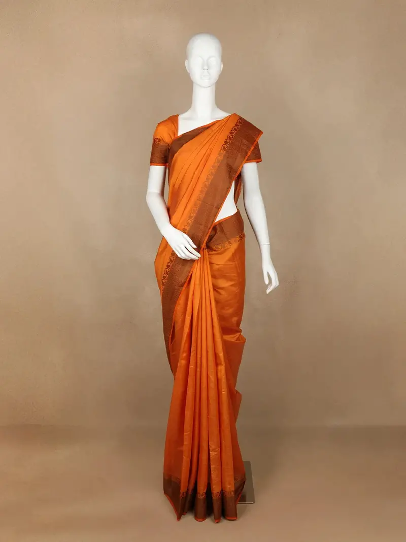 Orange Semi Tussar Silk Plain Saree 1