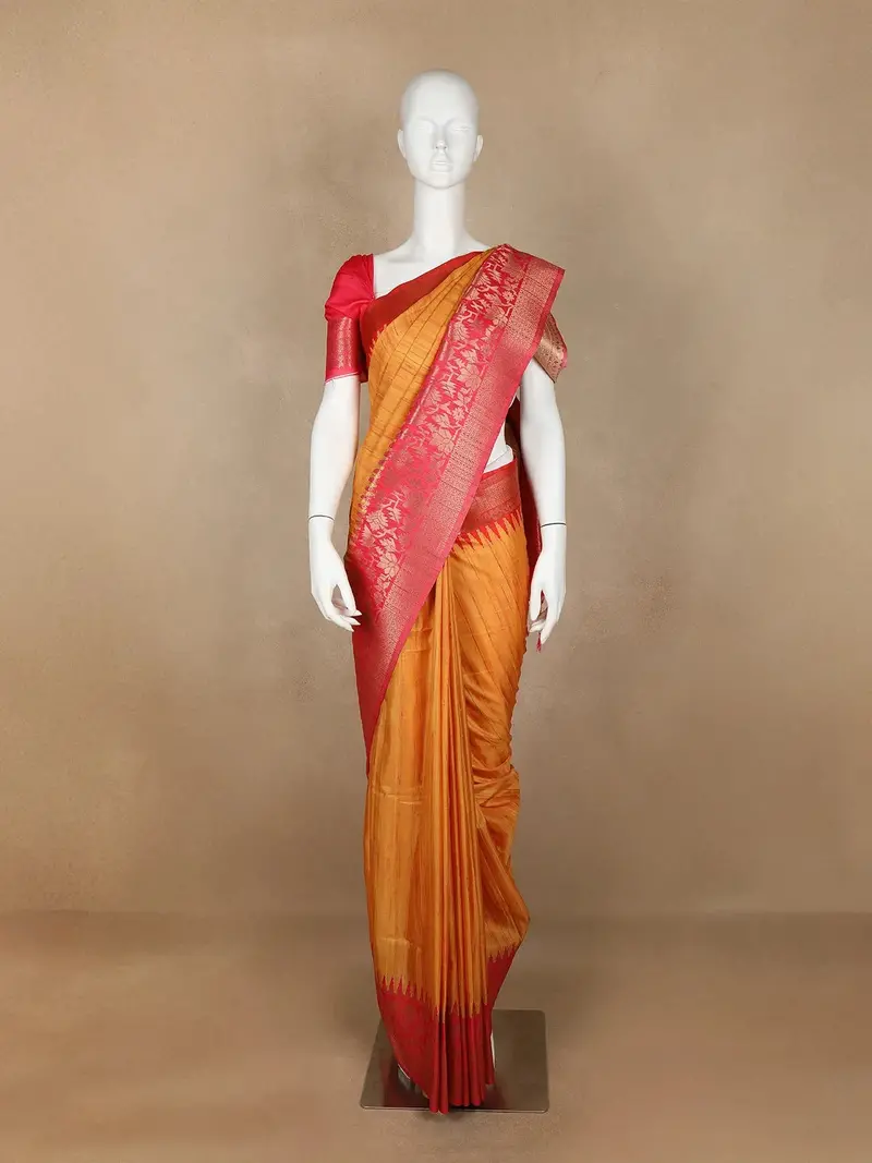 Orange Semi Tussar Silk Solid Designed Saree 1