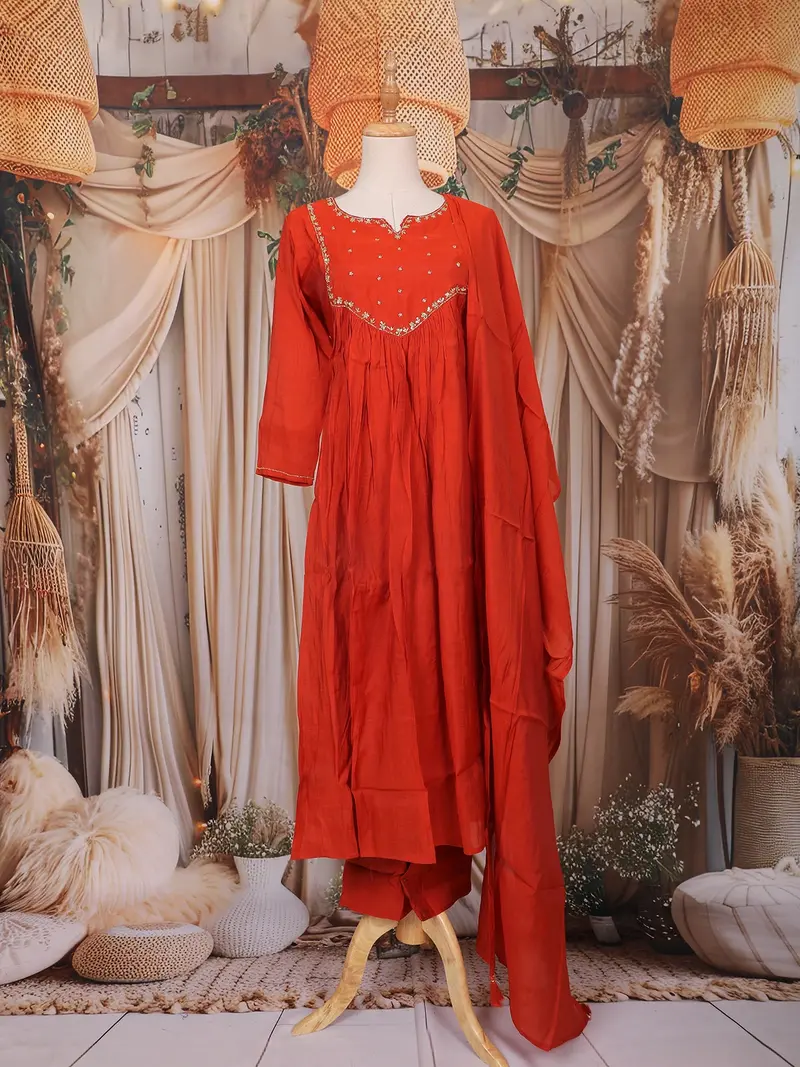 Orange Sequin Embroidered Design Cotton Anarkali Salwar Suit 1