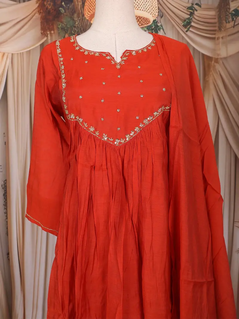 Orange Sequin Embroidered Design Cotton Anarkali Salwar Suit 2