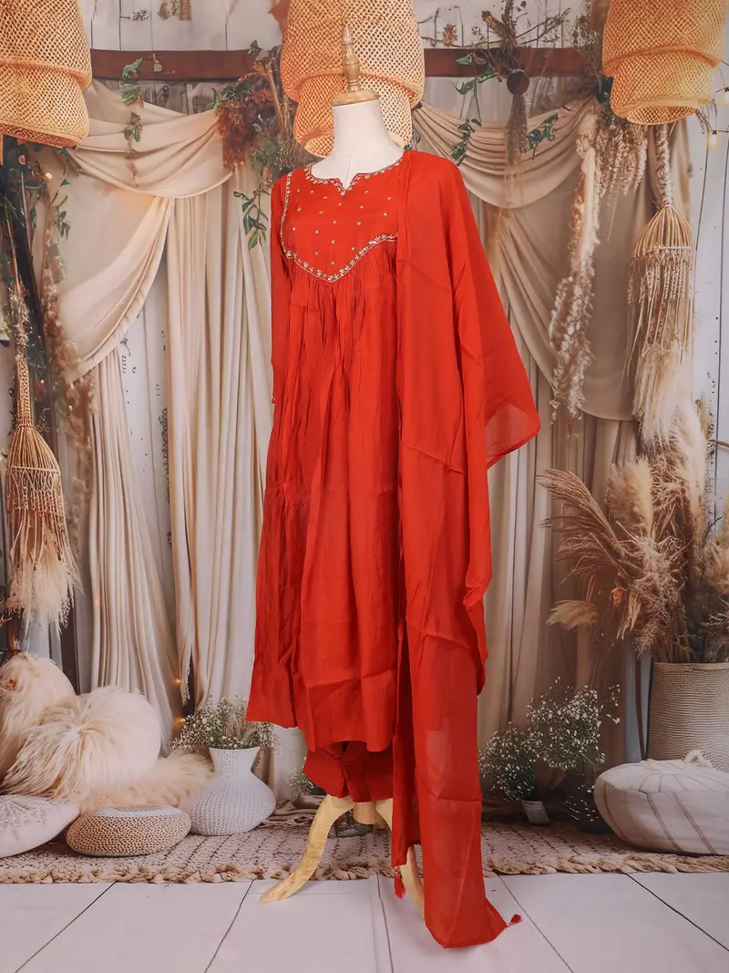 Orange Sequin Embroidered Design Cotton Anarkali Salwar Suit 3