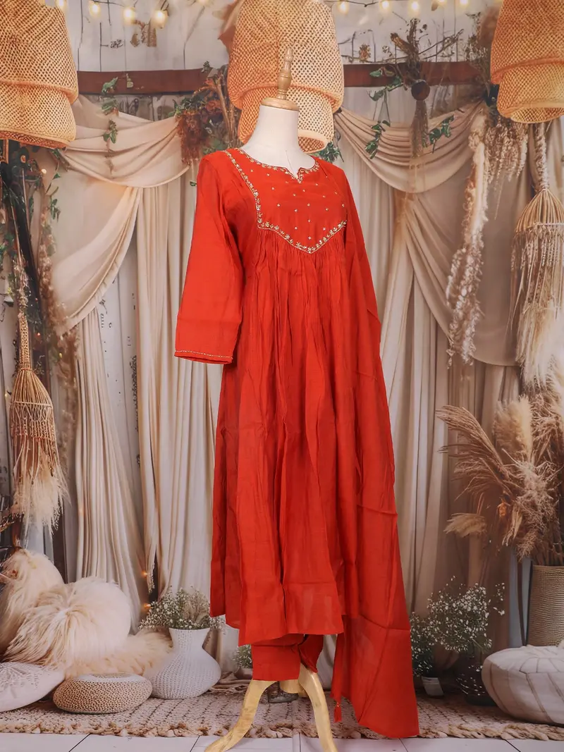 Orange Sequin Embroidered Design Cotton Anarkali Salwar Suit 4