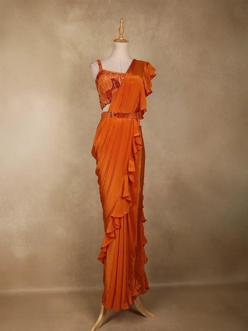 Orange Sequins And Beads Embroidered Satin Ruffle Ready To Wear Saree 1