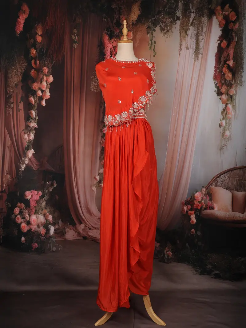 Orange  Sequins & Beads Embroidered Design Georgette Indo-Western Skirt Top 1