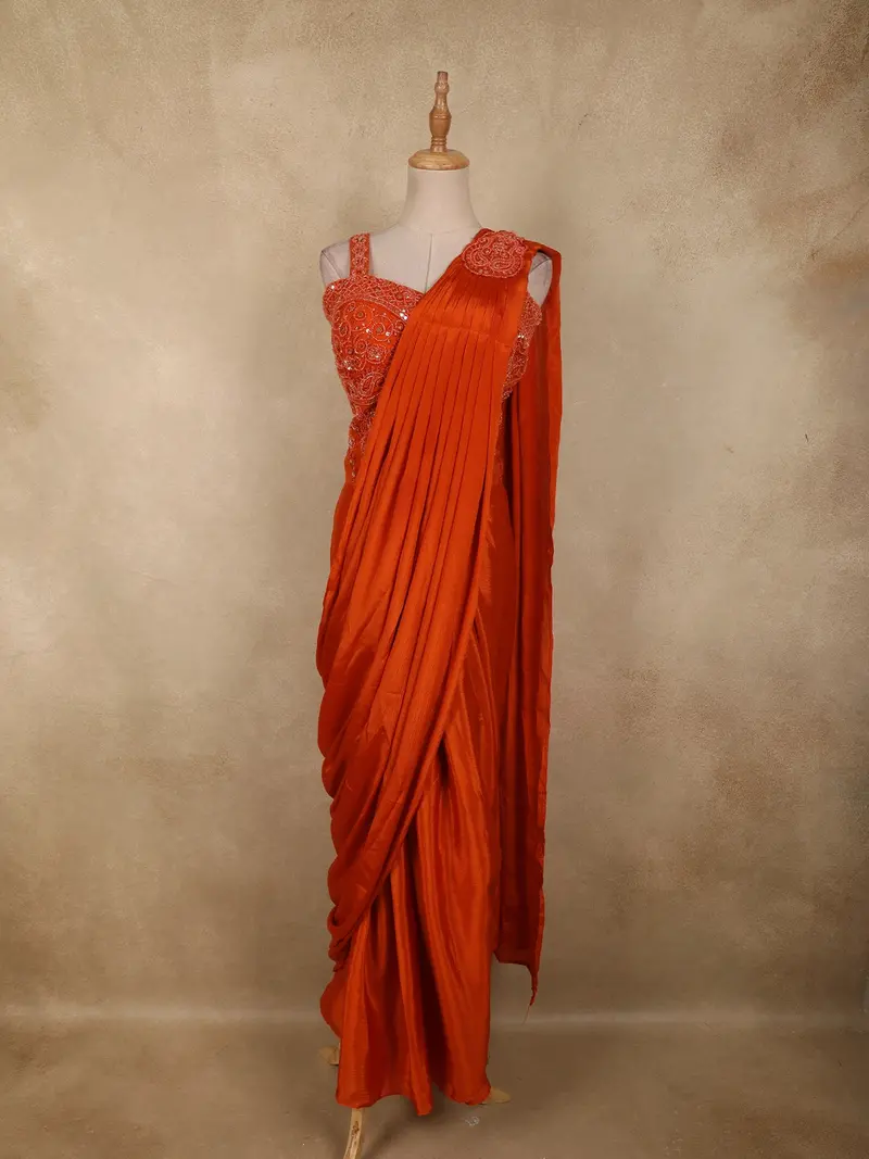 Orange Sequins Embellished Design Georgette Ready To Wear Saree With Designer Blouse 1