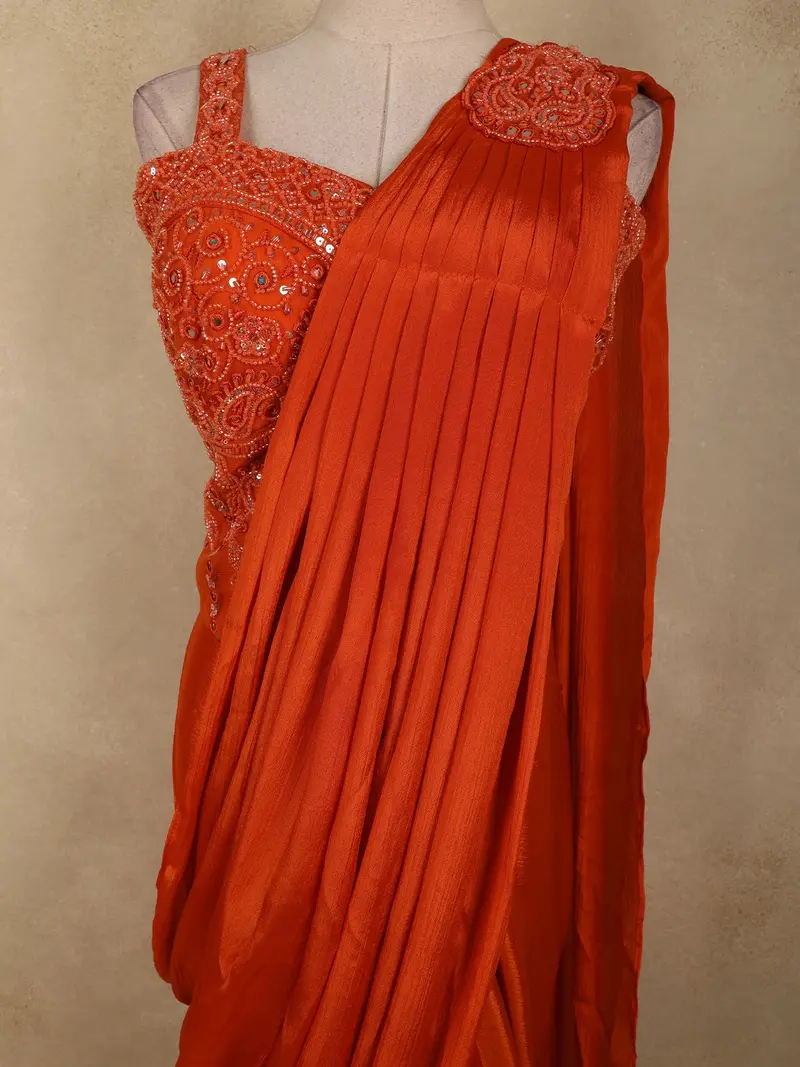 Orange Sequins Embellished Design Georgette Ready To Wear Saree With Designer Blouse 2