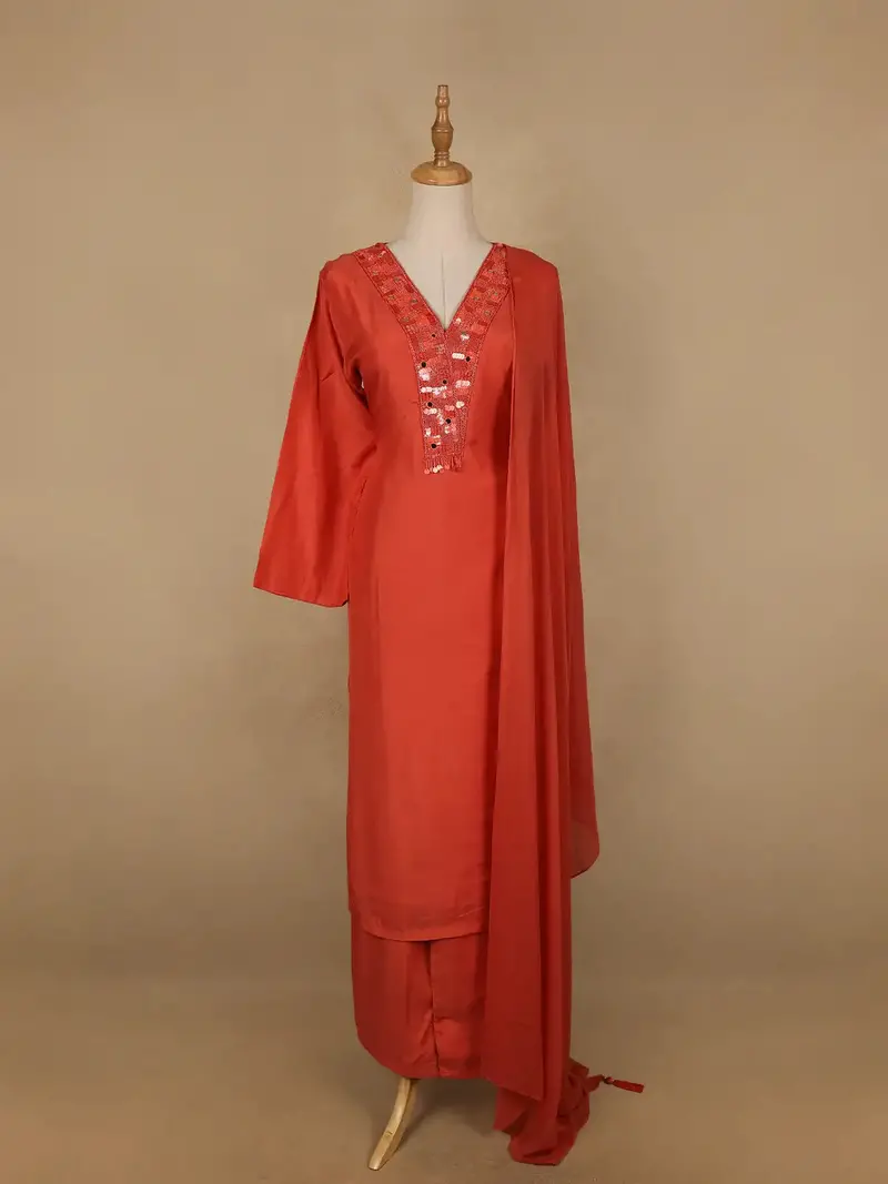 Orange Sequins Embroidered Cotton Palazzo Salwar Suit 1