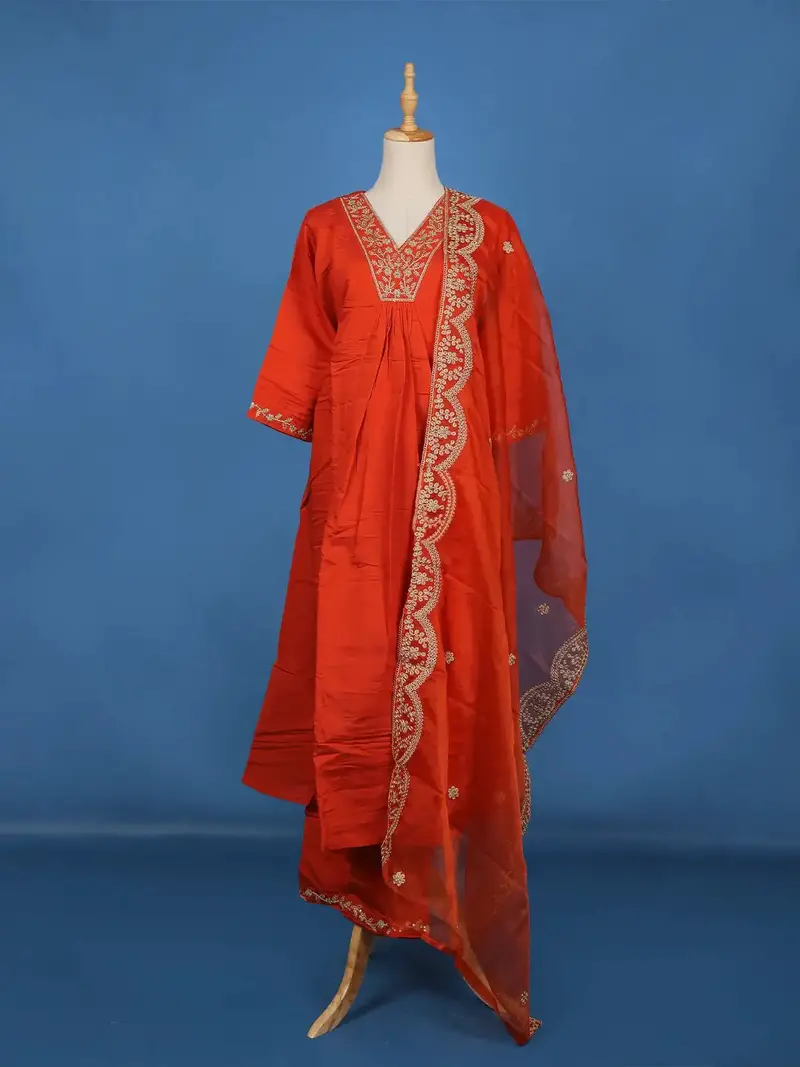 Orange Sequins Embroidered Cotton Palazzo Salwar Suit 1
