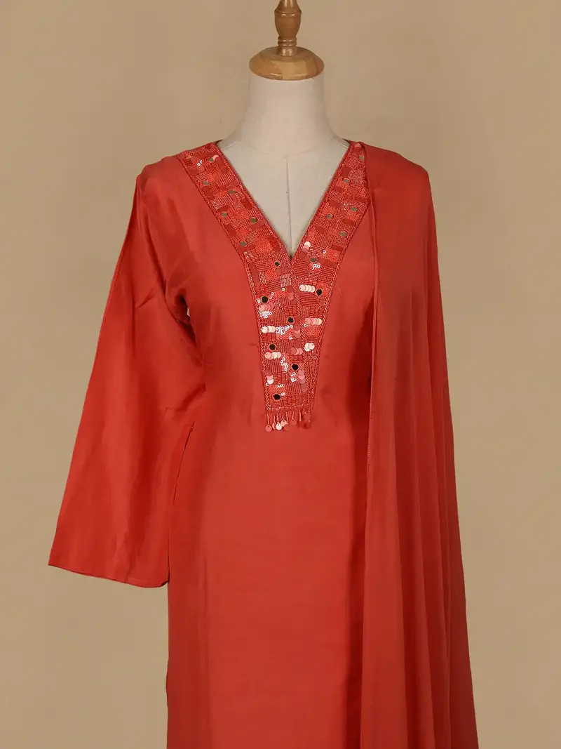 Orange Sequins Embroidered Cotton Palazzo Salwar Suit 2
