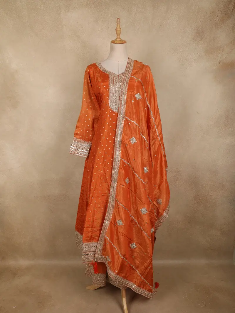Orange Sequins Embroidered Design Semi Tissue Palazzo Suit 1