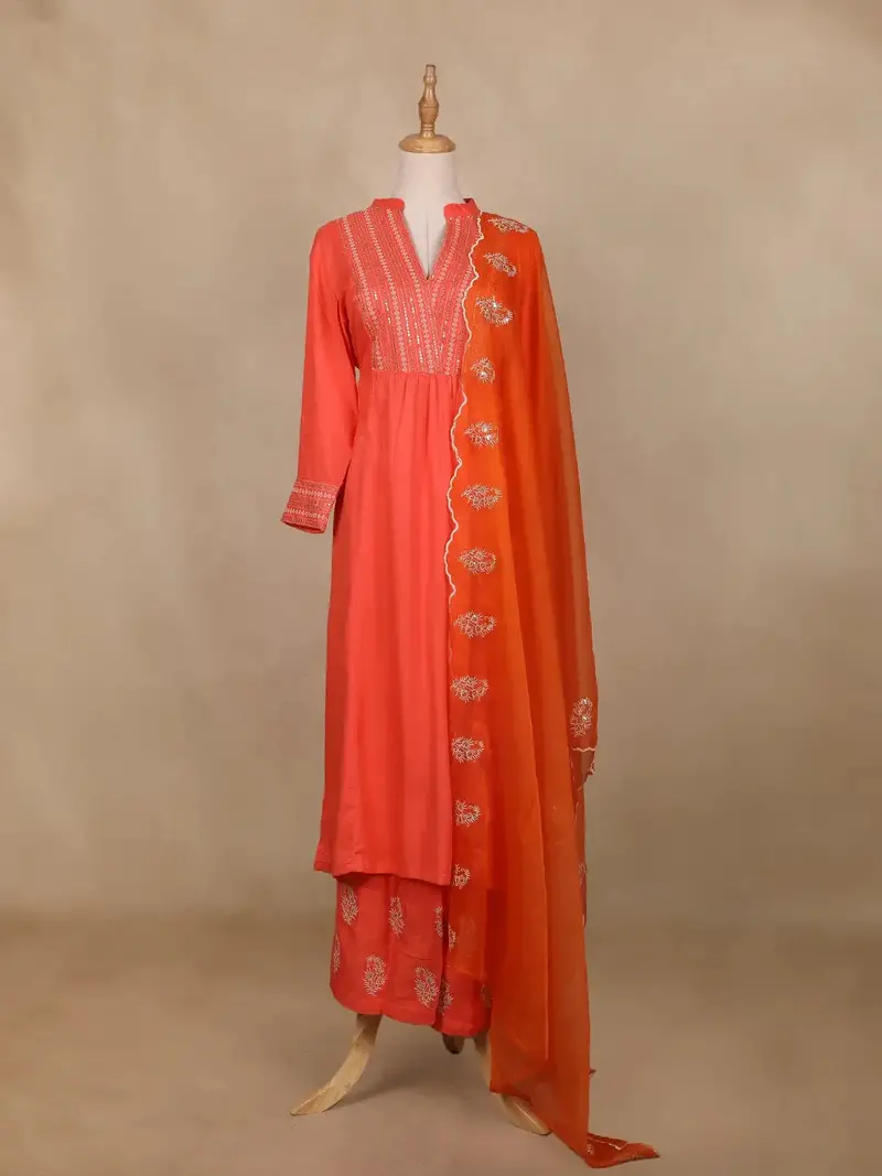 Orange Sequins Semi Silk Salwar Suit 1