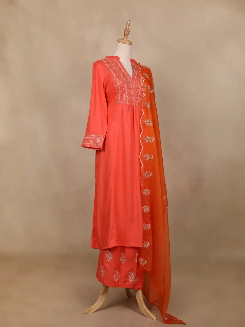 Orange Sequins Semi Silk Salwar Suit 3