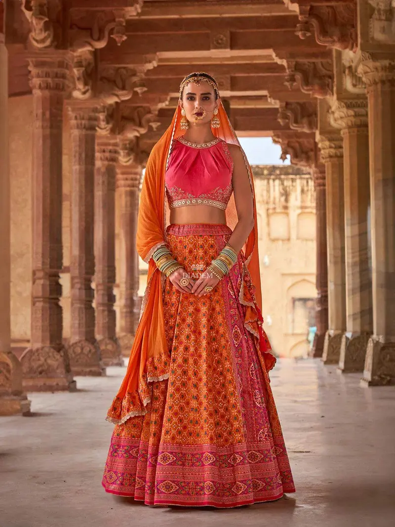 Orange Silk Banarasi Lehenga Adorned With Prints And Embroidery Paired With Dupatta 1