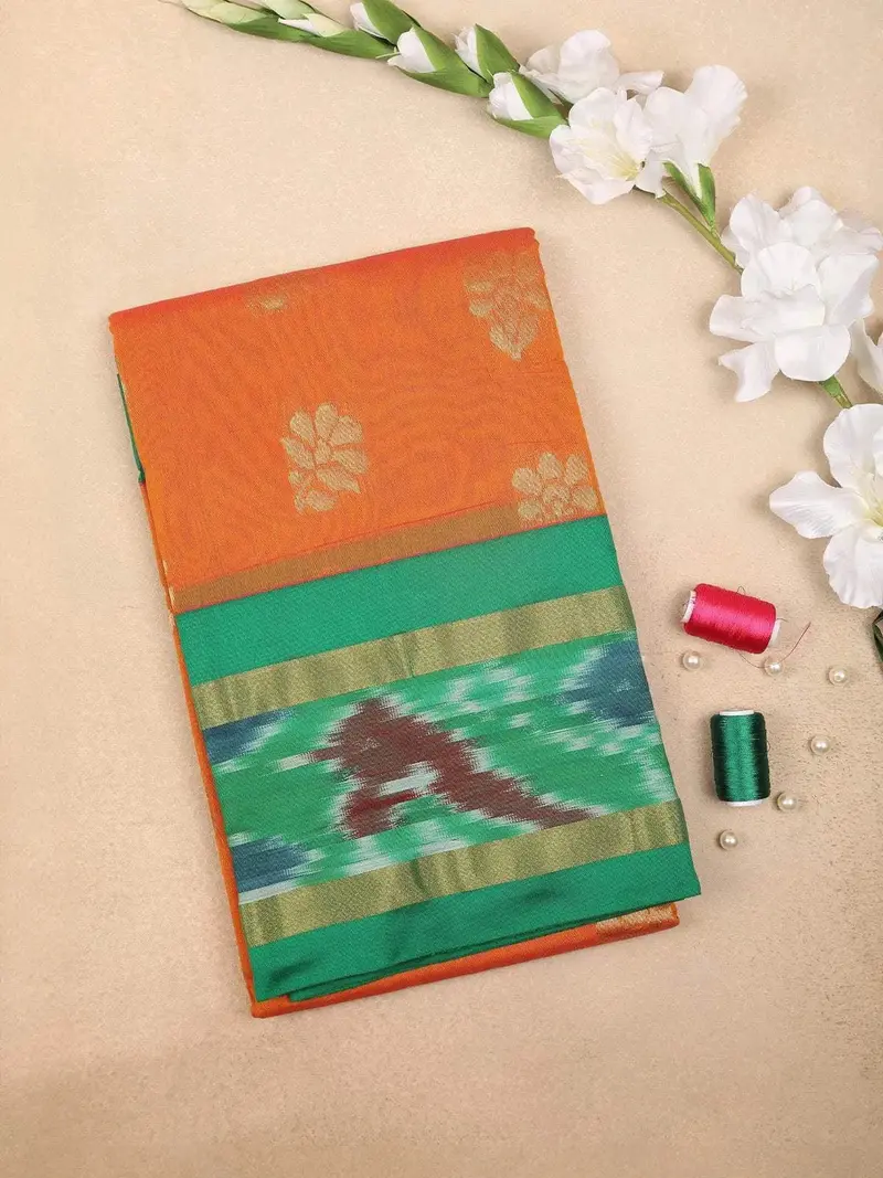 Orange Silk Cotton Saree With Floral Motif Design On The Body And Contrast Border 1