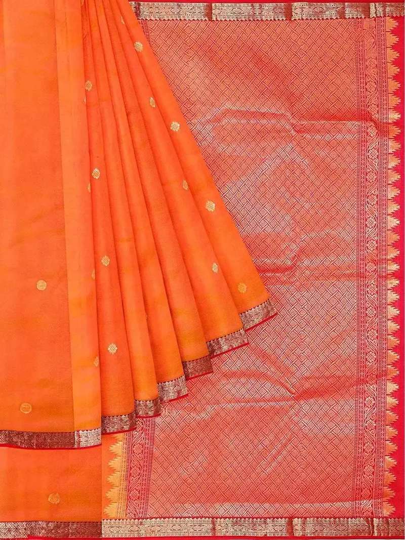 Orange Silk Saree With Zari Butta On The Body And Contrast Zari Border 1