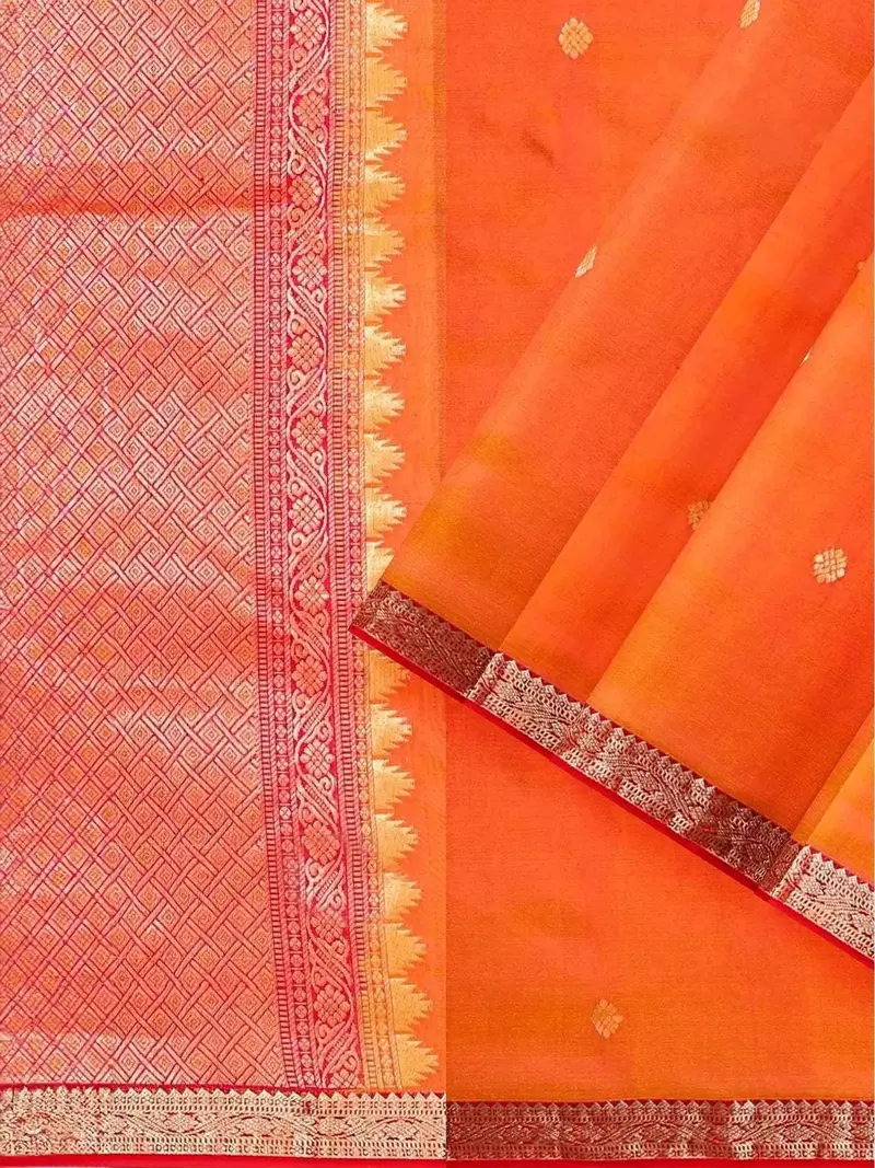 Orange Silk Saree With Zari Butta On The Body And Contrast Zari Border 2