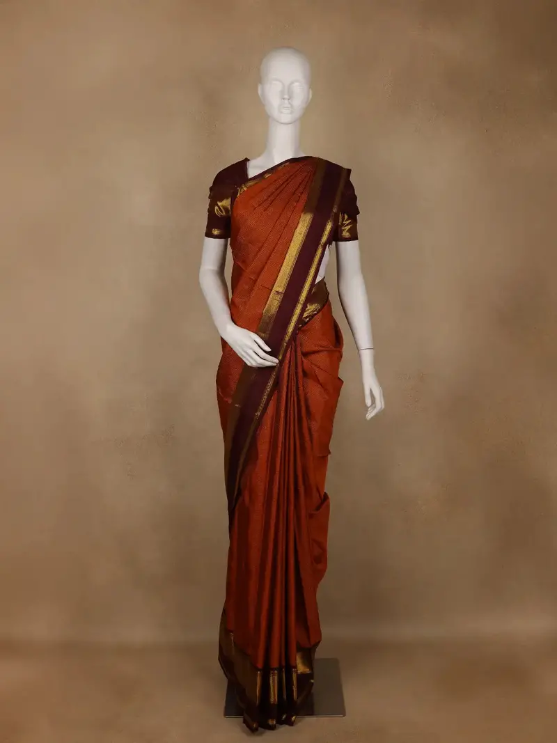 Orange Small Checked Woven Pure Kanchipuram Silk Saree With Maroon Zari Border 1