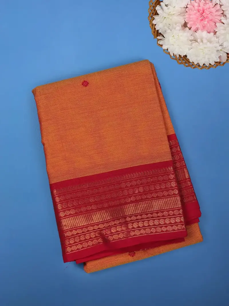 Orange Solid Cotton Saree Print Border 1
