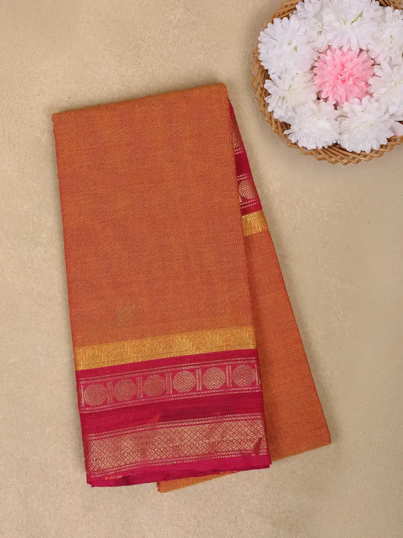 Orange Solid Design Cotton Saree With Contrast Maroon Zari Border 1